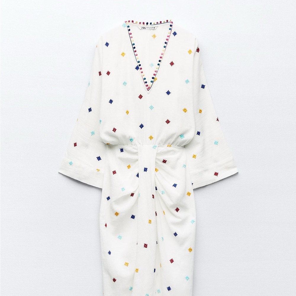 Zara White RV-Neck Gown with Bishop Sleeves embroidered Pom Pom dress